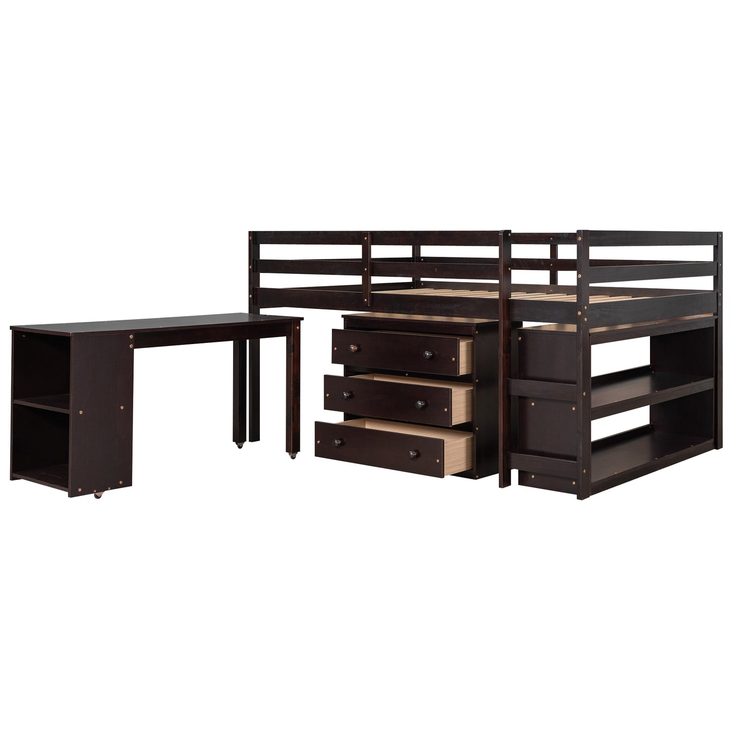 Low Study Full Loft Bed with Cabinet ,Shelves and Rolling Portable Desk ,Multiple Functions Bed- Espresso