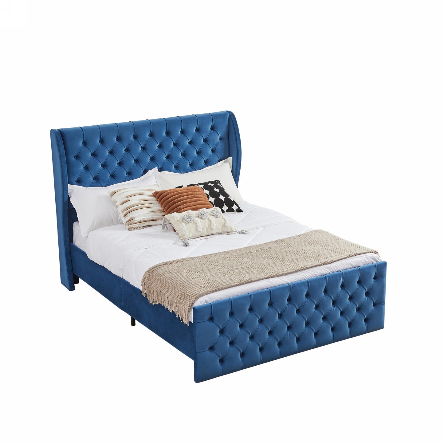 Rodeo Drive Collection Upholstered Wingback Velvet Fabric Chesterfield Bed/Button Tufted Headboard with Vintage Wing/Wood Slat Support/Easy Assemble. Queen-Blue