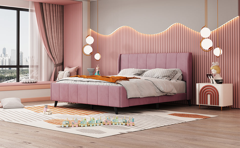 Queen Size Upholstered Platform Bed, Velvet, Pink