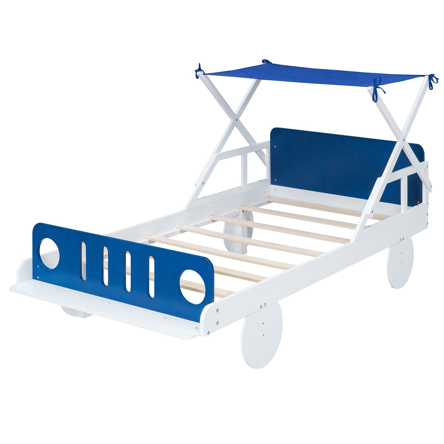 Wood Twin Size Car Platform Bed with Ceiling Cloth, Headboard and Footboard, White+Blue
