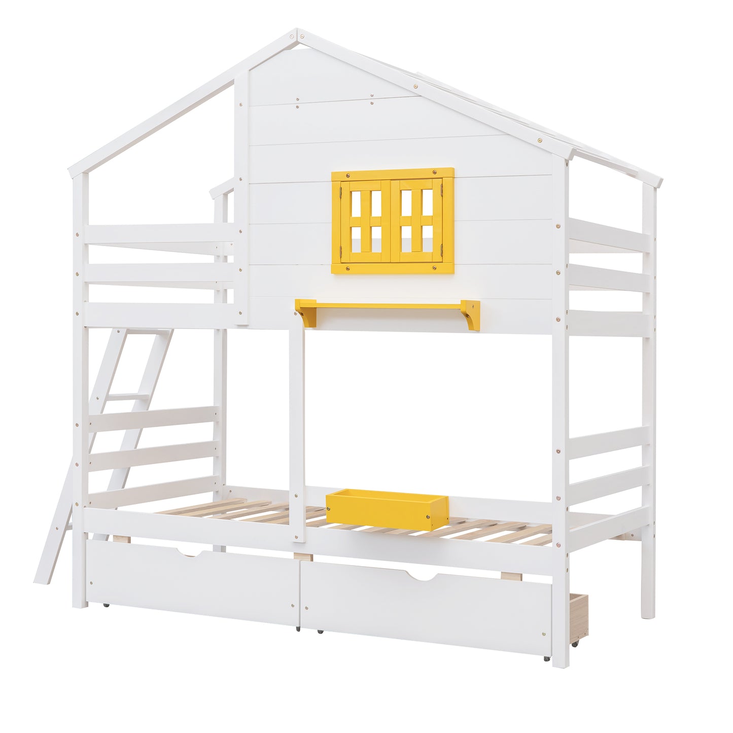 Twin over Twin Bunk Bed with 2 Drawers, 1 Storage Box, 1 Shelf, Window and Roof-White