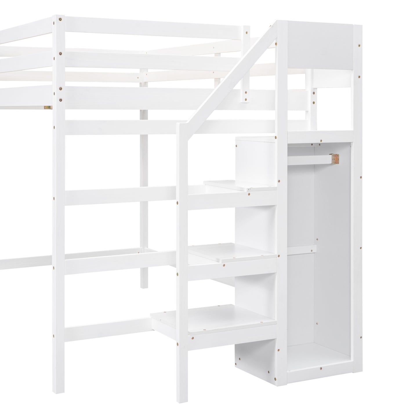 Full Size Loft Bed with Built-in Storage Wardrobe and Staircase, White