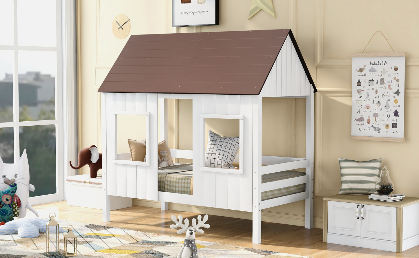 Twin Size Low Loft Wood House Bed with Two Front Windows, (White+Brown Roof)
