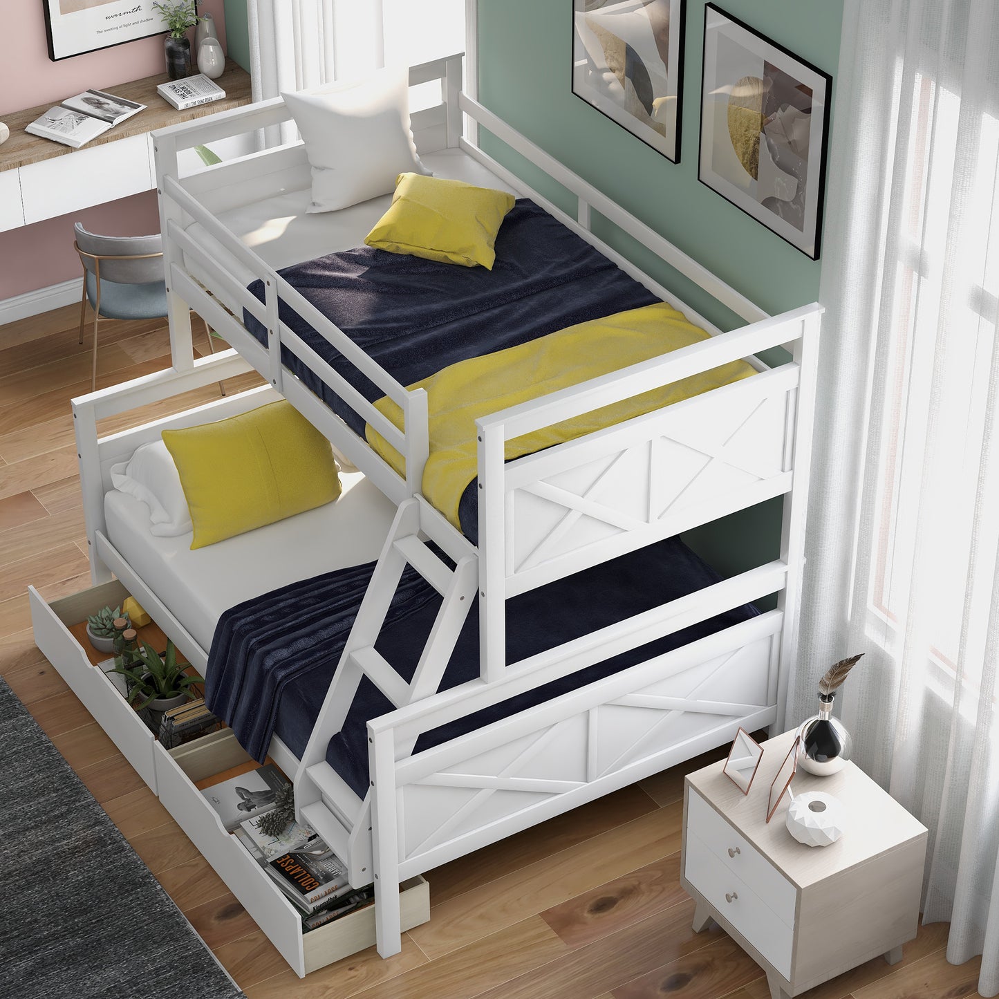 Twin over Full Bunk Bed with Ladder, Two Storage Drawers, Safety Guardrail, White