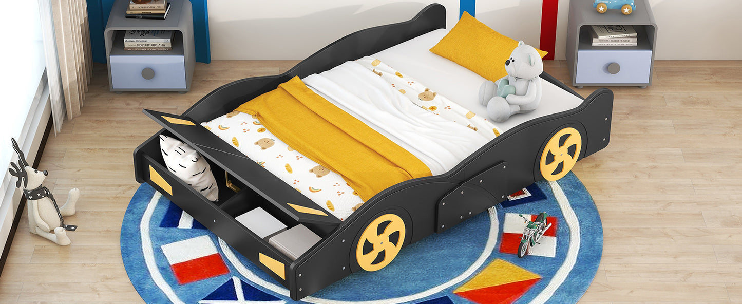 Full Size Race Car-Shaped Platform Bed with Wheels and Storage, Black+Yellow