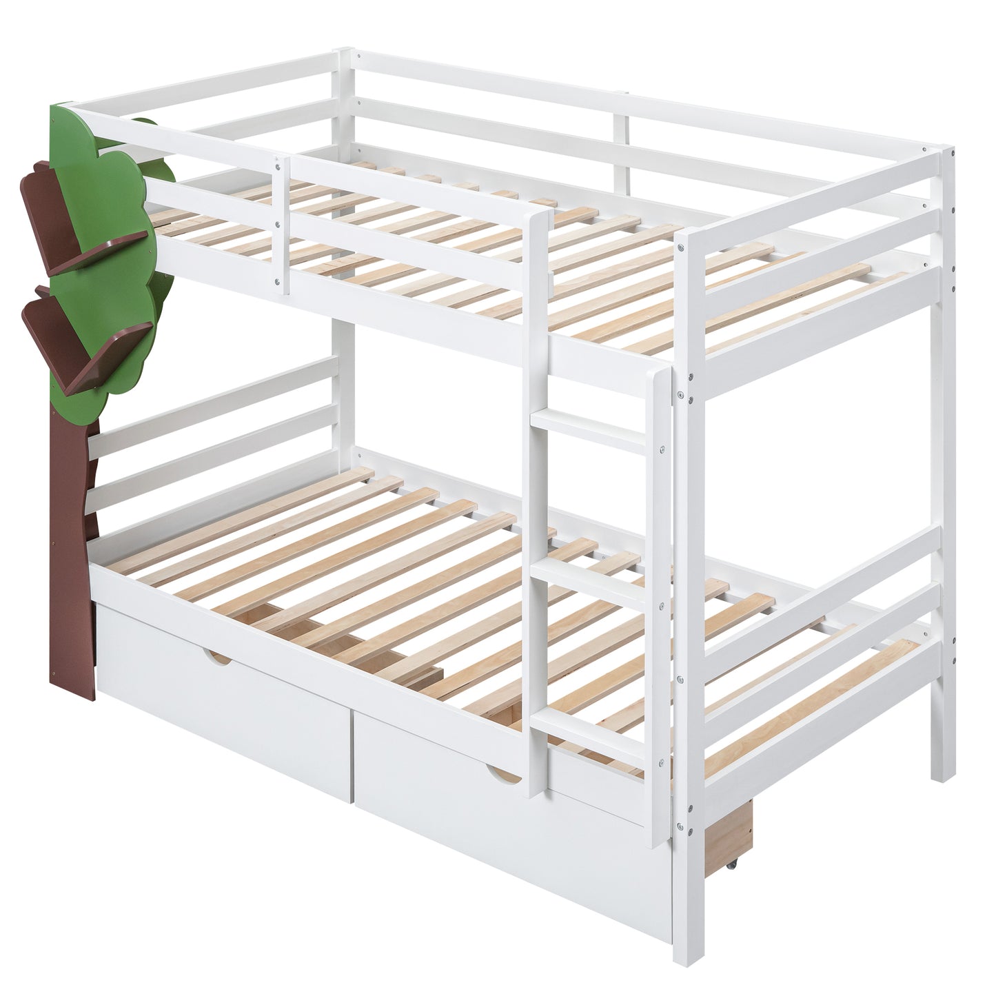 Twin-Over-Twin Bunk Bed with  a Tree Decor and Two Storage Drawers, White