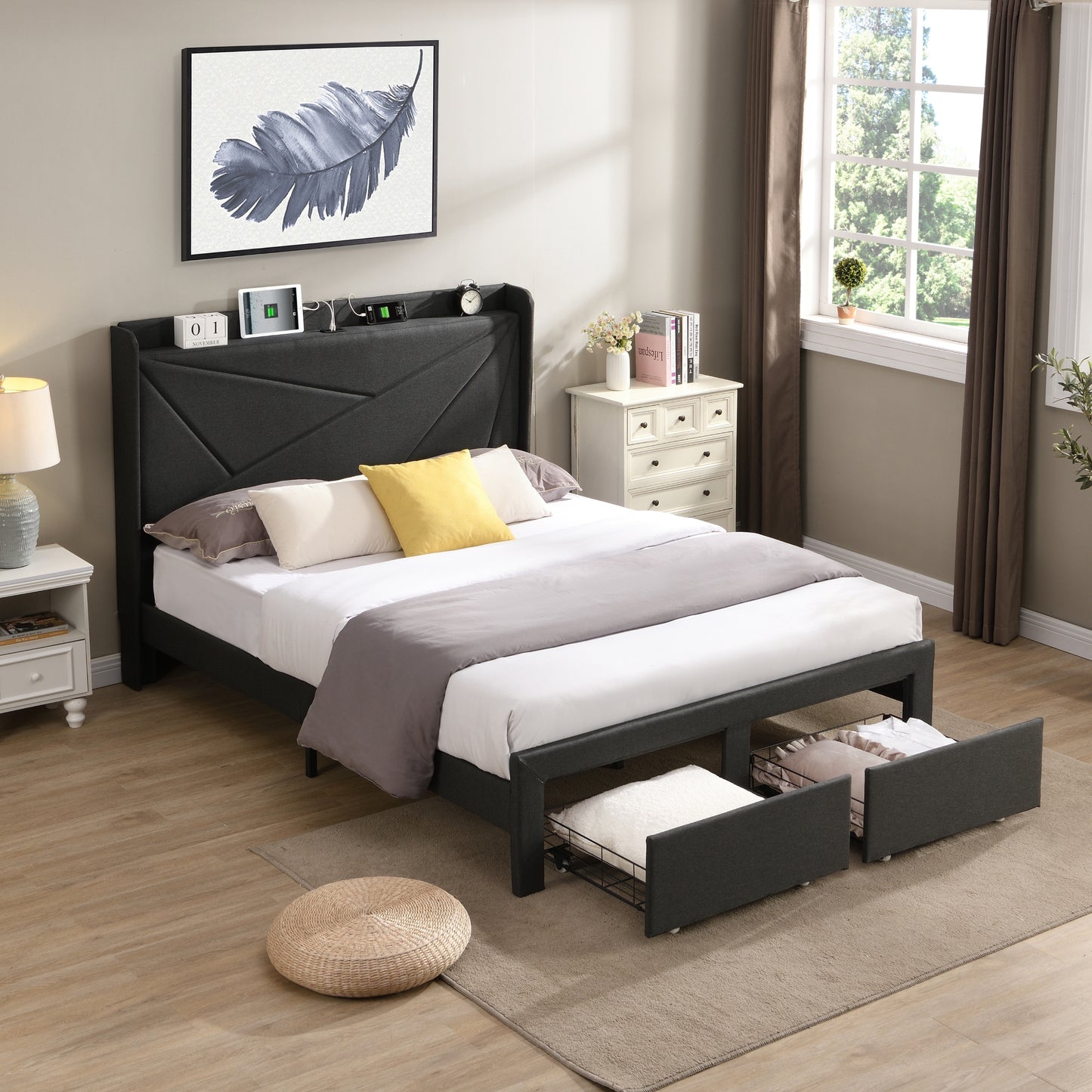 Queen Size Platform Bed Frame with 2 Storage Drawers, Upholstered Bed Frame with Wingback Headboard Storage Shelf Built-in USB Charging Stations and Strong Wood Slats Support, No Box Spring Needed, Dark Gray