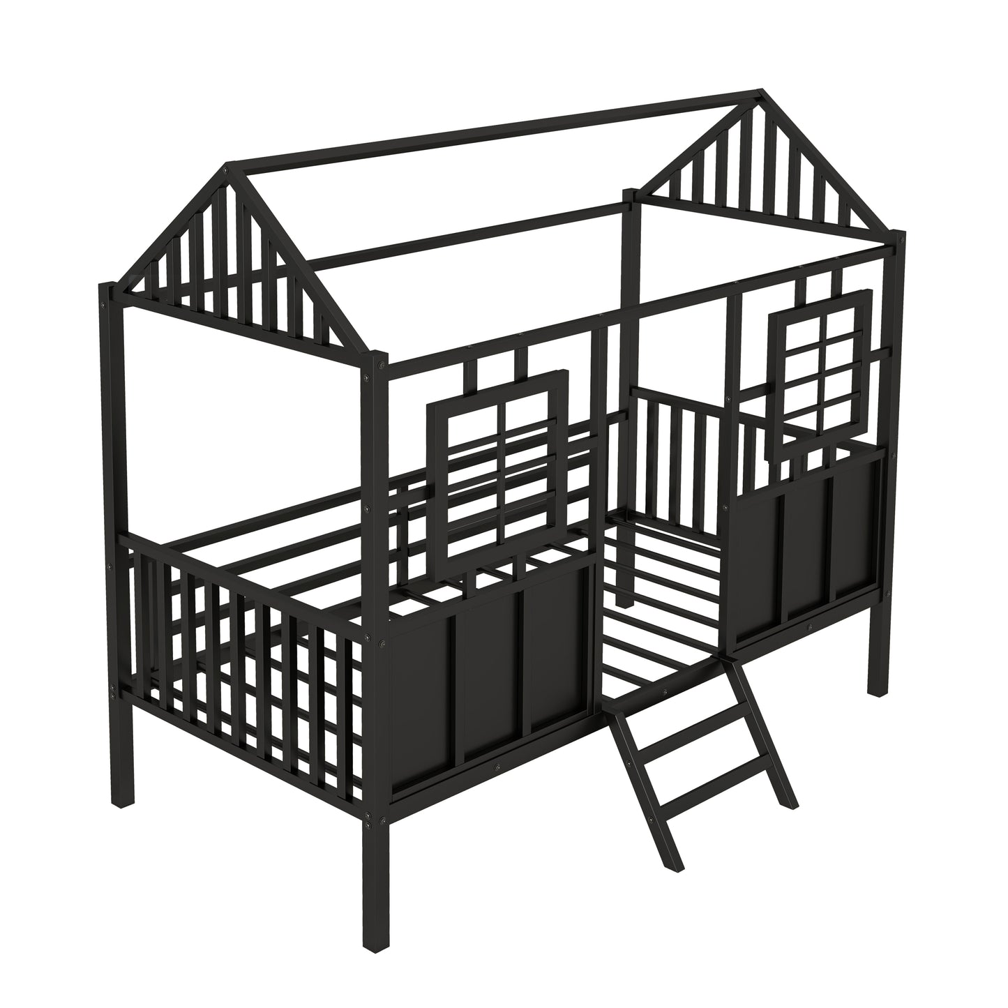 Twin Size Metal Low Loft House Bed with Roof and Two Front Windows , Black
