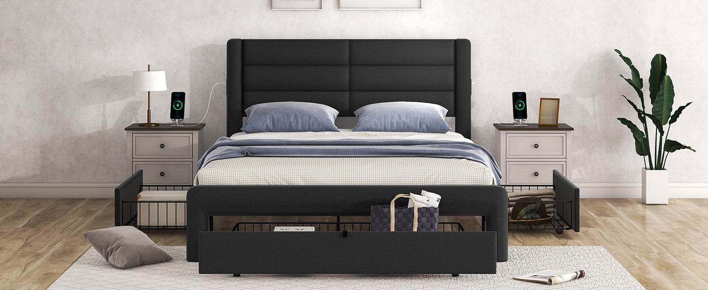 Queen Size Bed Frame with Drawers Storage, Leather Upholstered Platform Bed with Charging Station, Black