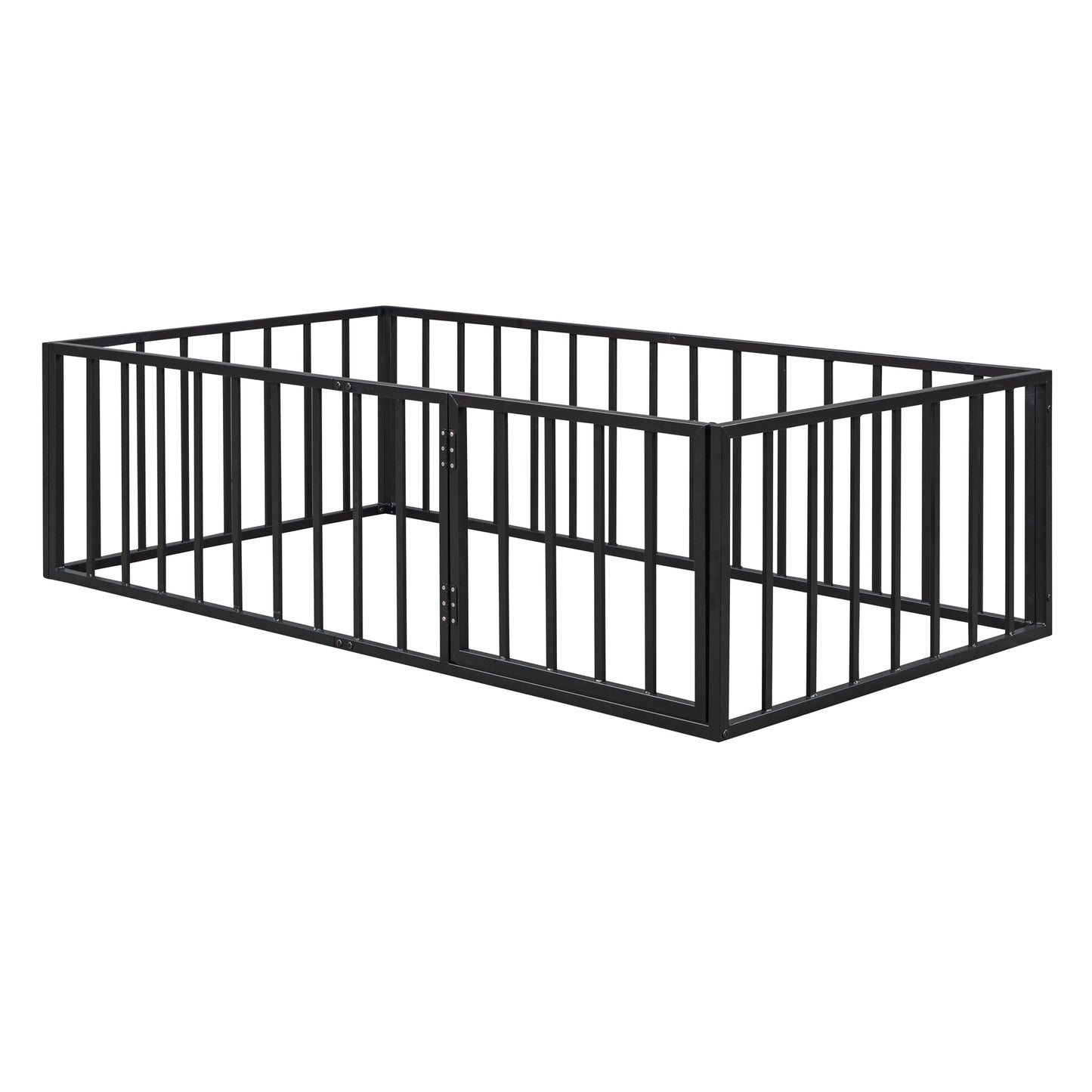 Twin Size Metal Floor Bed Frame with Fence and Door, Black