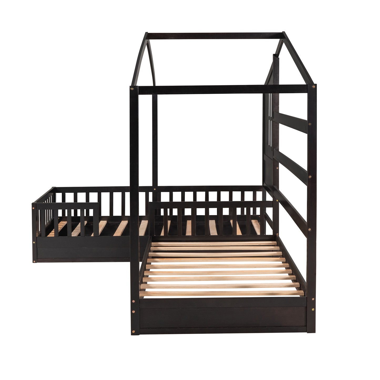 Twin Size L-Shaped Wood House Platform Bed with Fence - Espresso