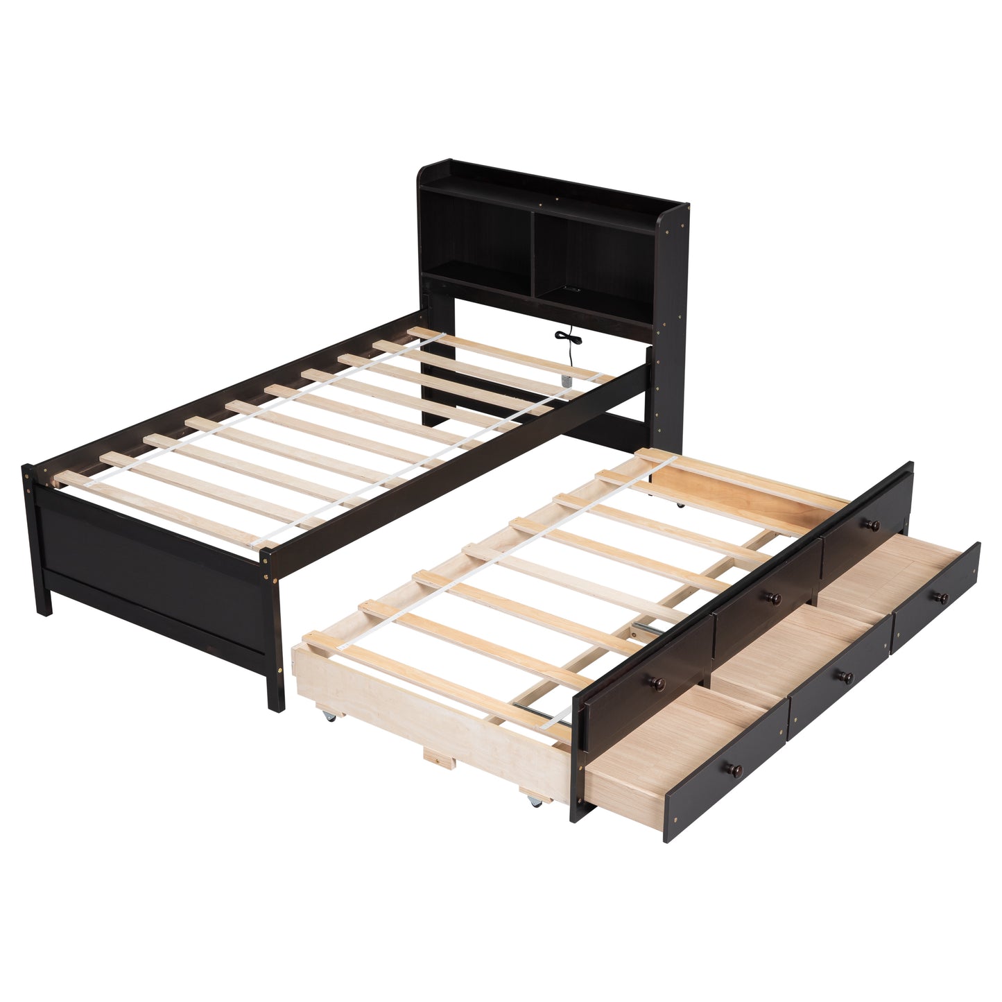 Twin Size Platform Bed with Built-in USB ,Type-C Ports, LED light, Bookcase Headboard, Trundle and 3 Storage Drawers, Espresso