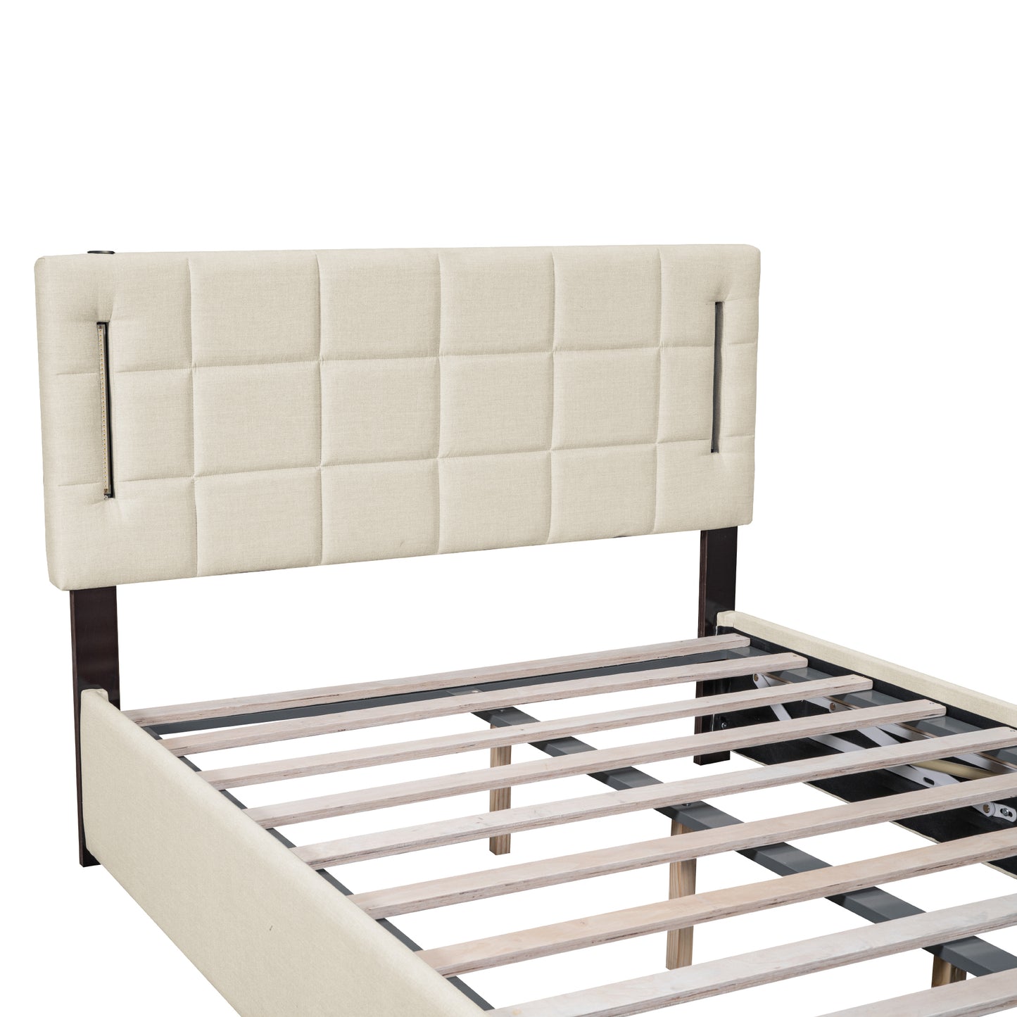 Full Size Platform Upholstered Bed with Hydraulic Storage System and LED Light, Beige