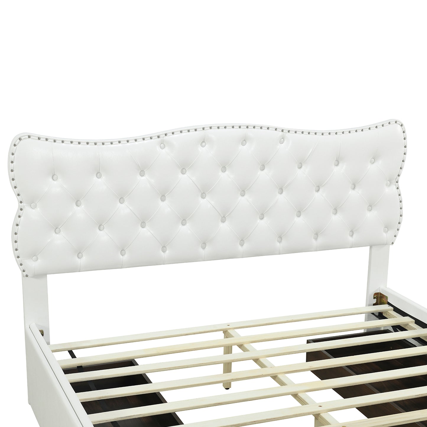Full Size Bed Frame with 4 Storage Drawers,Leather Upholstered Platform Heavy Duty Bed,Wood Slat Support,White