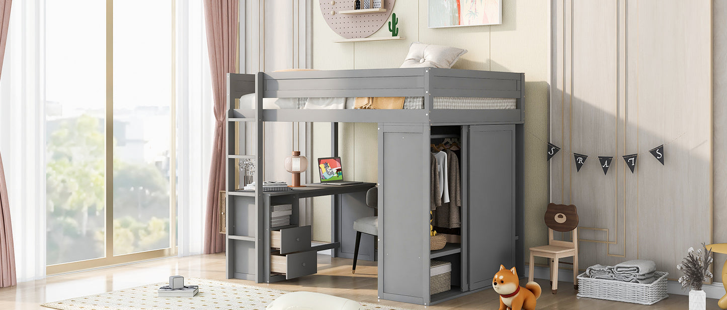 Wood Full Size Loft Bed with Wardrobes and 2-Drawer Desk with Cabinet, Gray