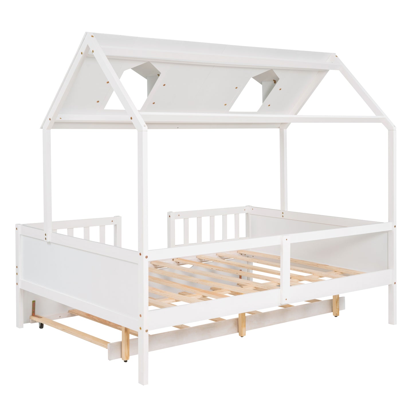 Full Size Wood House Platform Bed with Twin Size Trundle - White