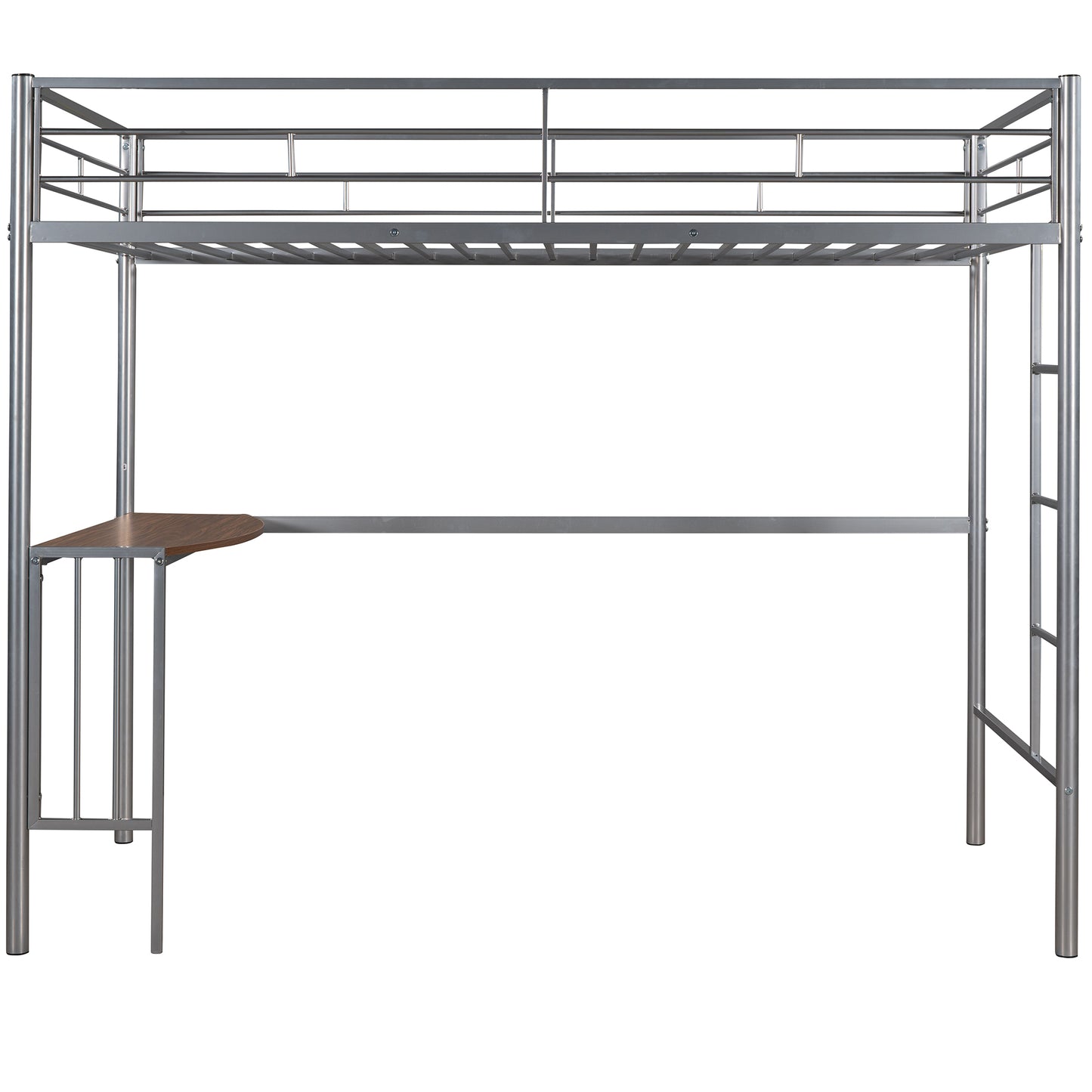 Twin Metal Loft Bed with Desk, Ladder and Guardrails, Silver