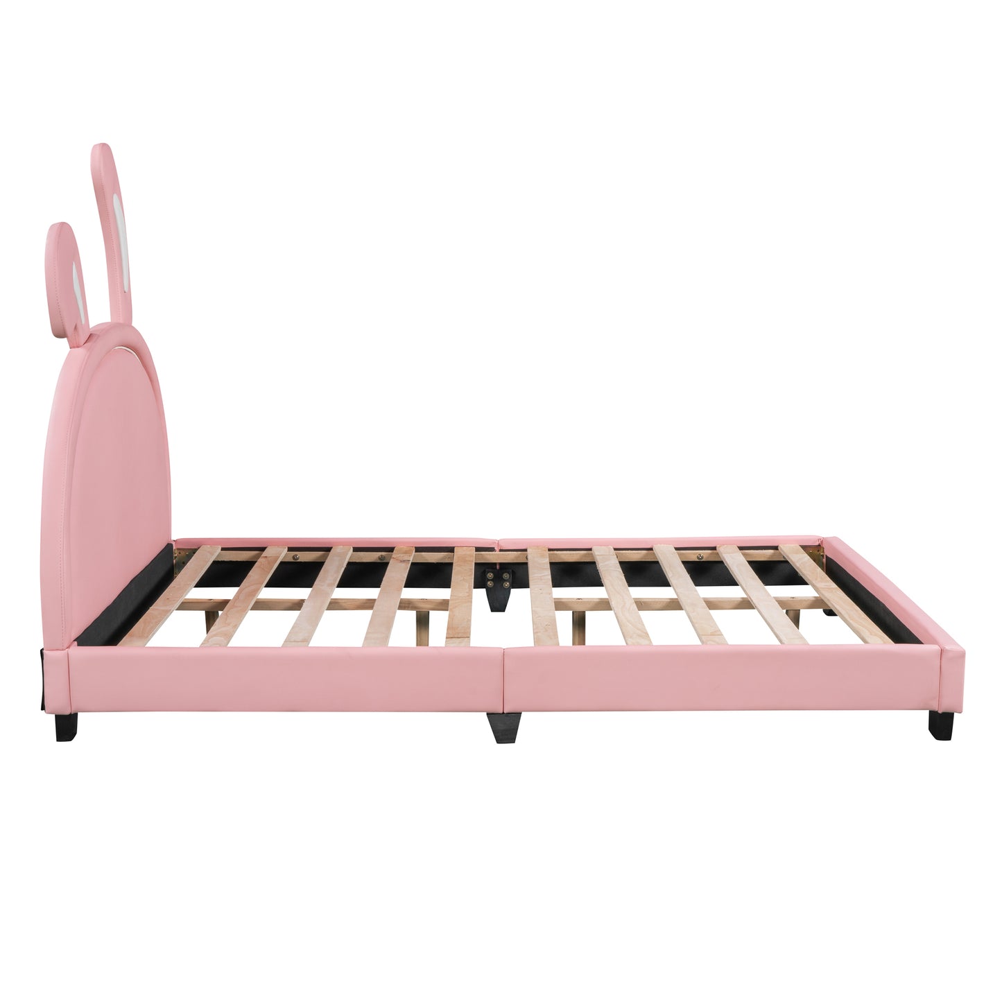 Full Size Upholstered Leather Platform Bed with Rabbit Ornament, Pink