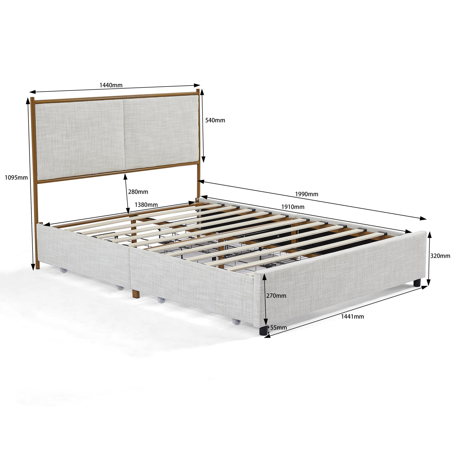 Full Size Platform Bed with 4 Storage Drawers - Classic Steamed Bread Shaped Backrest - Light Gray