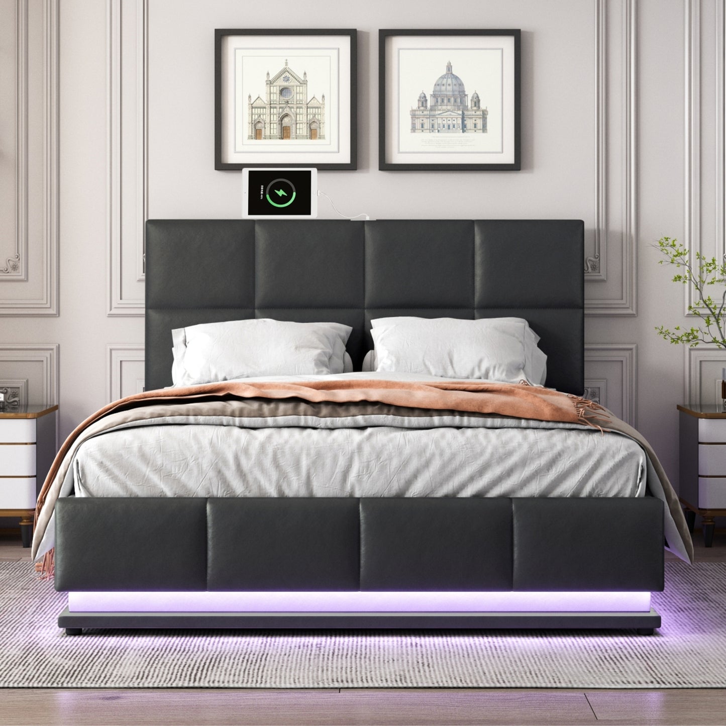 Tufted Upholstered Platform Bed with Hydraulic Storage System,Queen Size PU Storage Bed with LED Lights and USB charger, Black