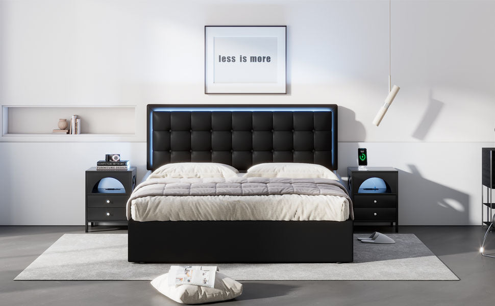 Queen Size Tufted Upholstered Platform Bed with Hydraulic Storage System,PU Storage Bed with LED Lights,Black