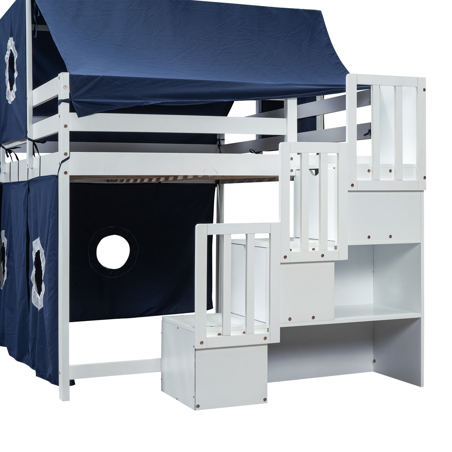 Full Size Loft Bed with Tent and Tower - Blue