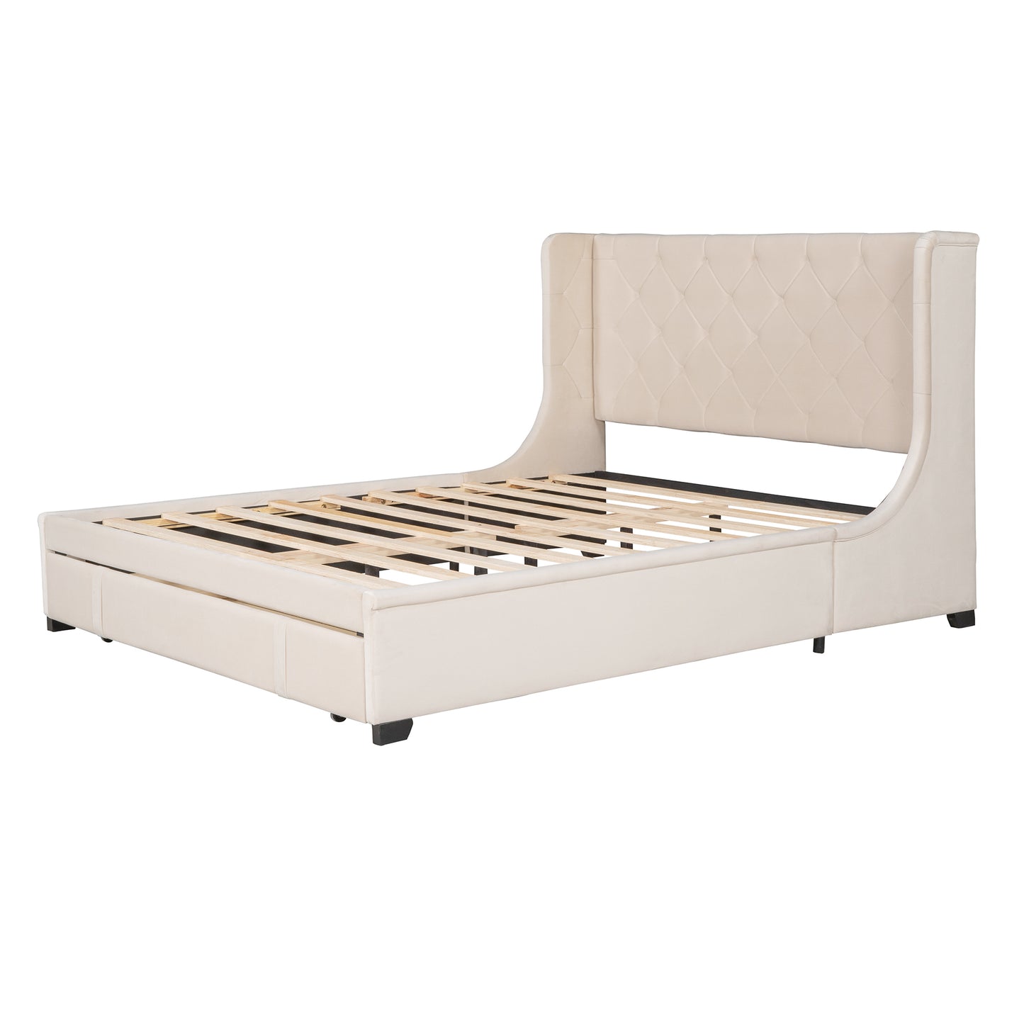 Queen Size Storage Bed Velvet Upholstered Platform Bed with Wingback Headboard and a Big Drawer (Beige)