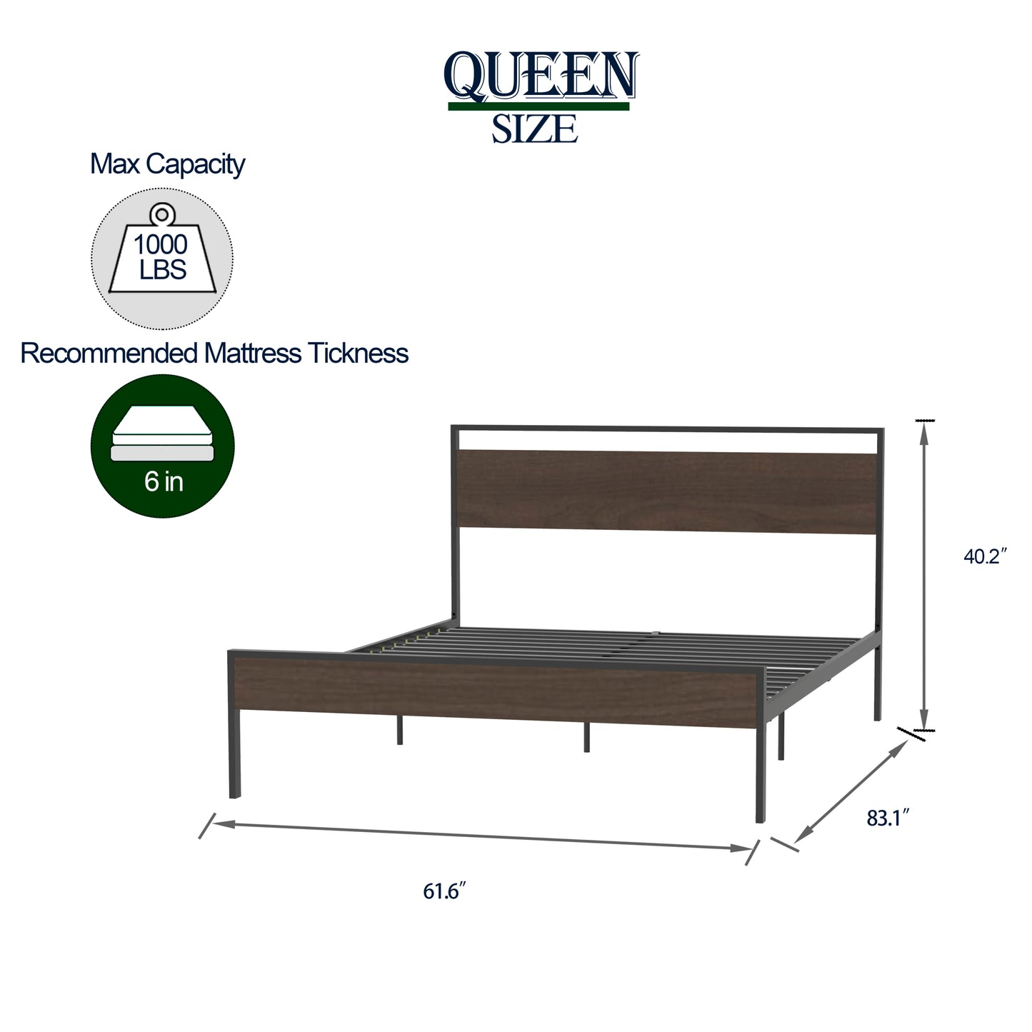 Queen Metal Platform Bed, Black with Walnut Wood Headboard&Footboard