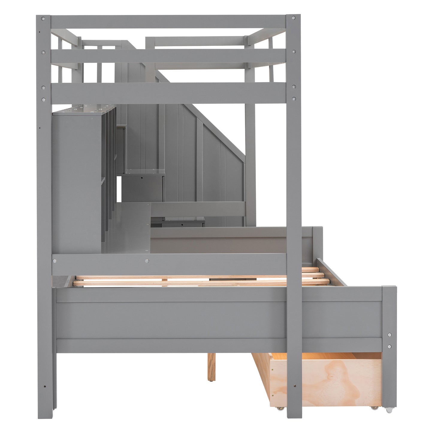 Twin XL over Full Bunk Bed with Built-in Storage Shelves, Drawers and Staircase,Gray
