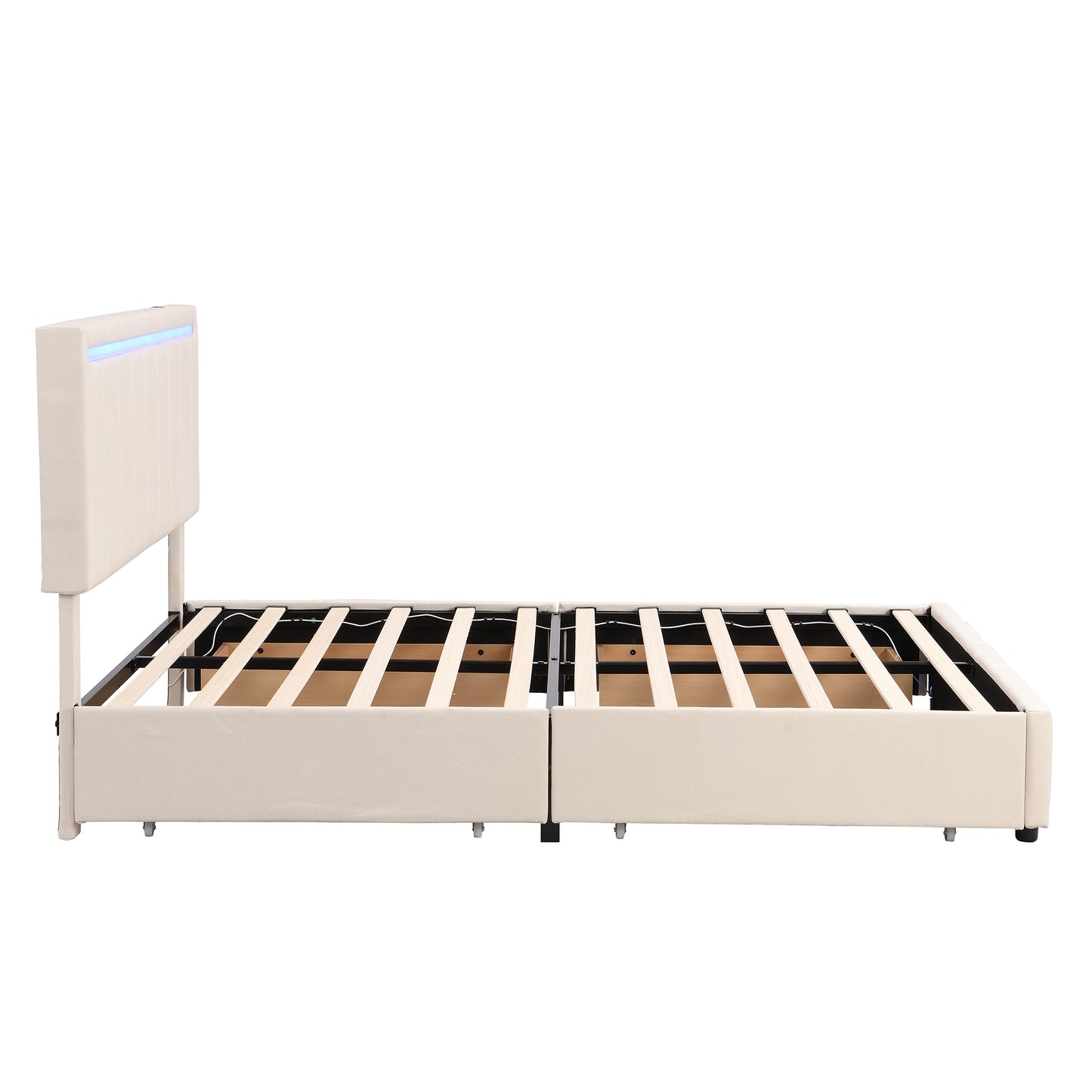 Queen Size Upholstered Bed with LED Light and 4 Drawers,  Modern Platform Bed with a set of Sockets and USB Ports, Linen Fabric, Beige