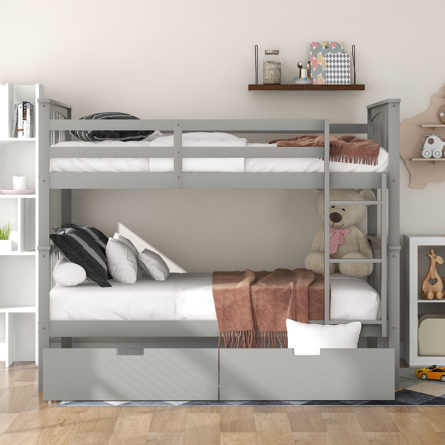 Full over Full Bunk Bed with Drawers and Ladder for Bedroom, Guest Room Furniture-Gray
