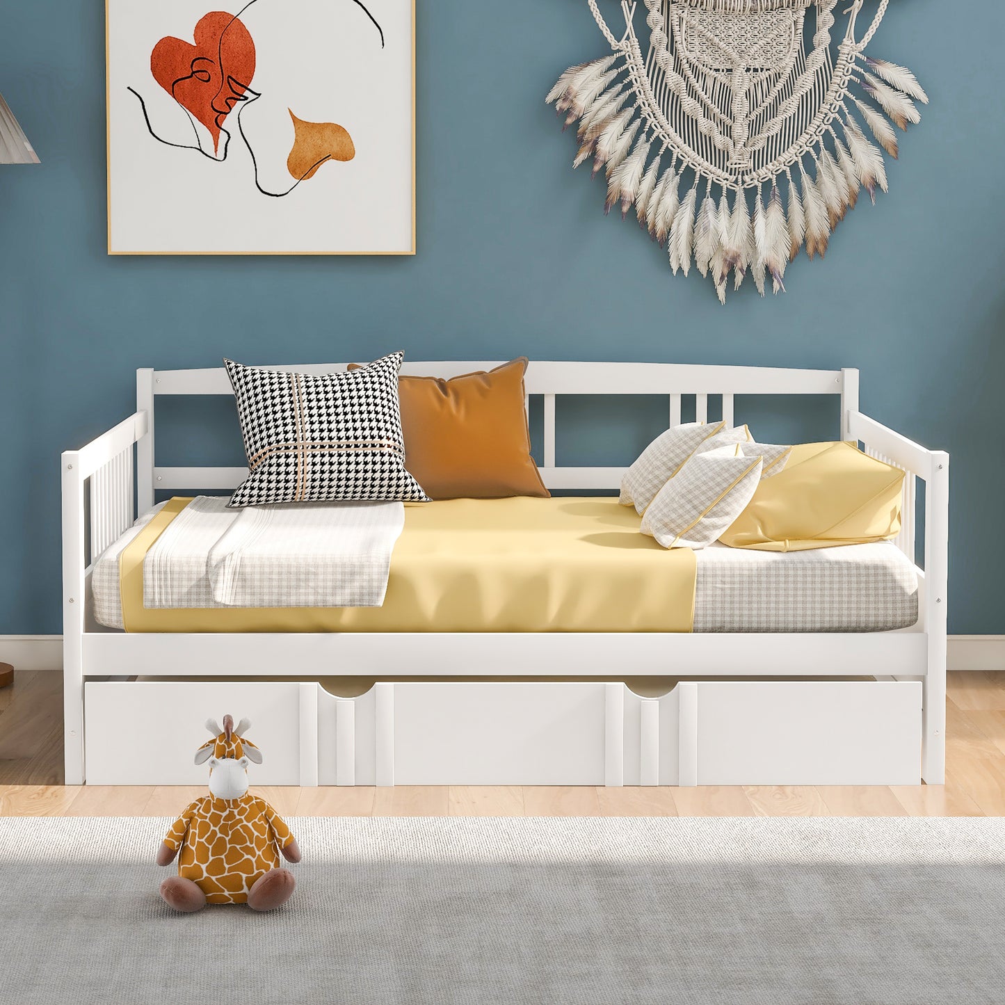 Full Size Daybed Wood Bed with Twin Size Trundle,White
