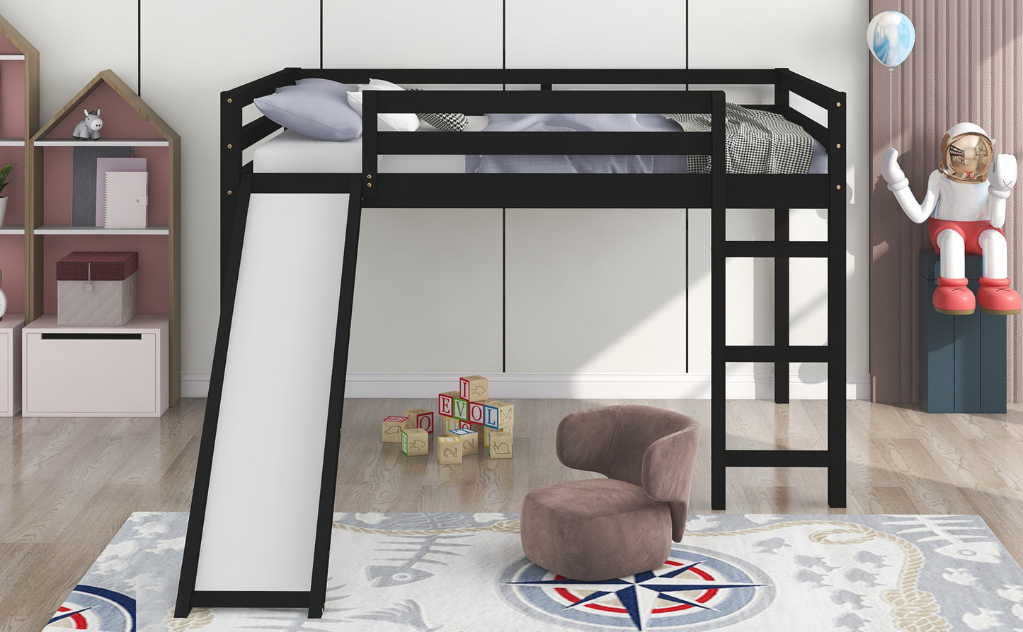 Loft Bed with Slide, Multifunctional Design, Full (Espresso)