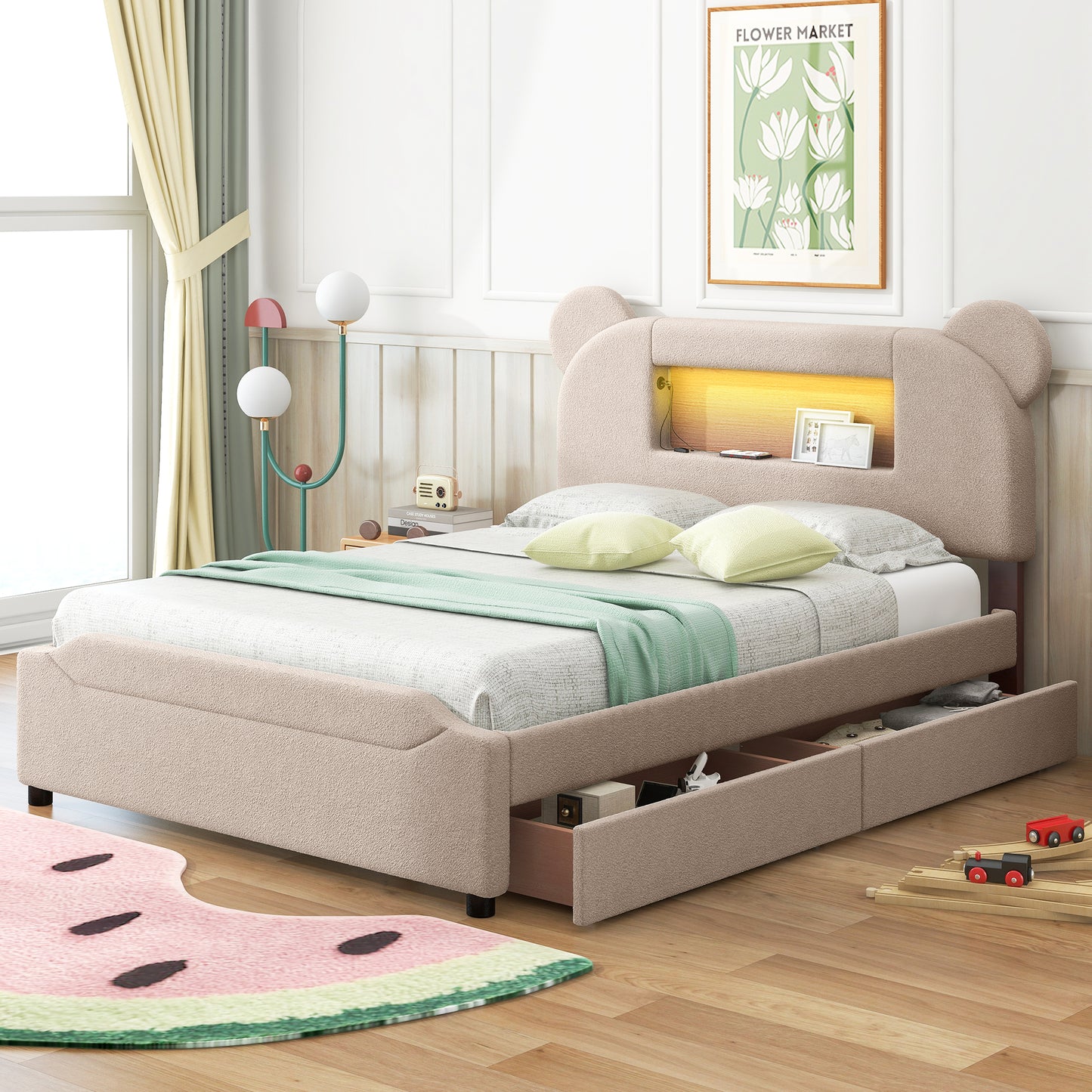 Full Size Upholstered Storage Platform Bed with Cartoon Ears Shaped Headboard, LED and USB, Beige