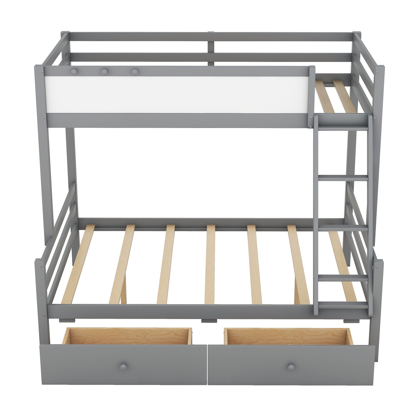 Wood Twin over Full Bunk Bed with Whiteboard, 3 Hooks and 2 Drawers, Grey