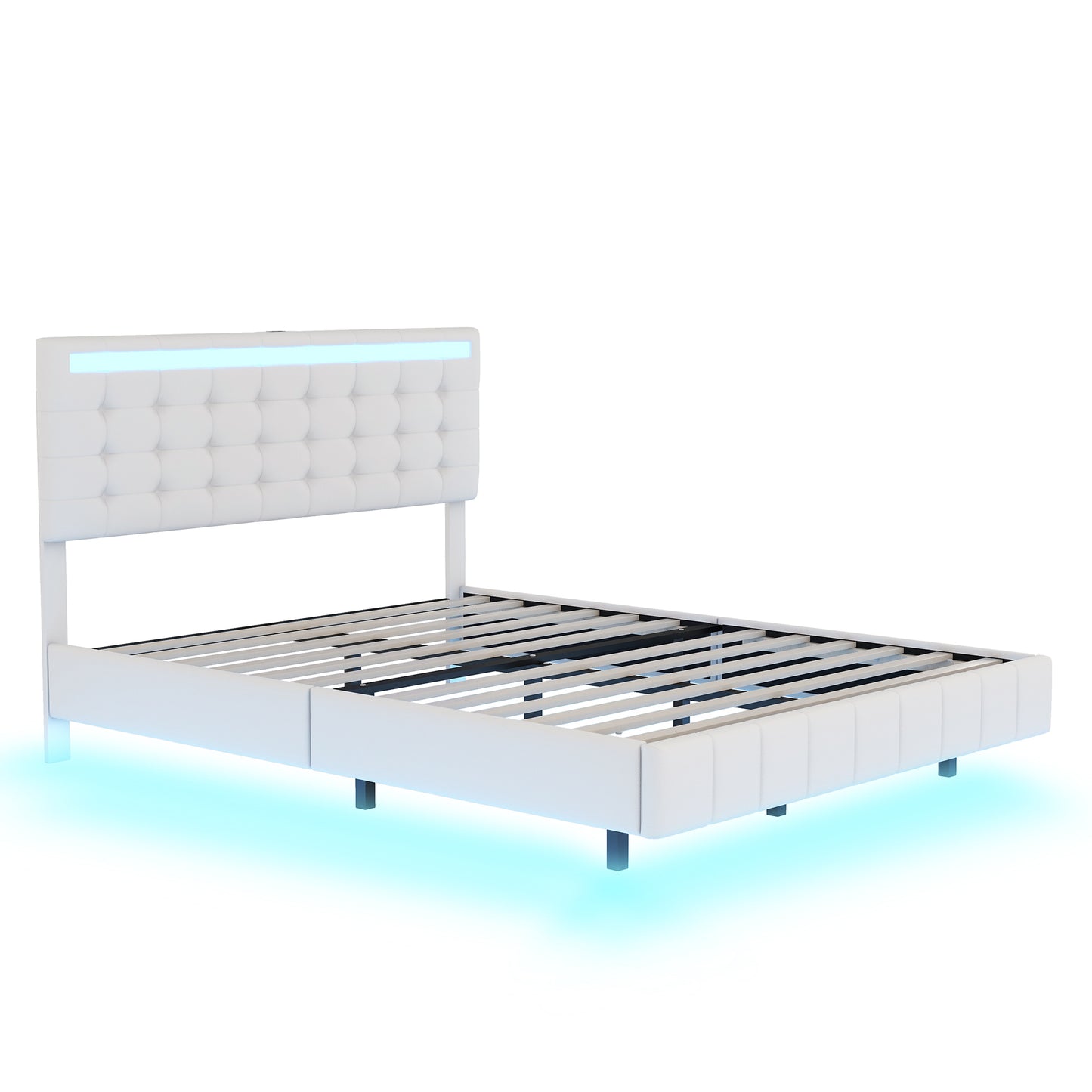Queen Size Floating Bed Frame with LED Lights and USB Charging,Modern Upholstered Platform LED Bed Frame,White