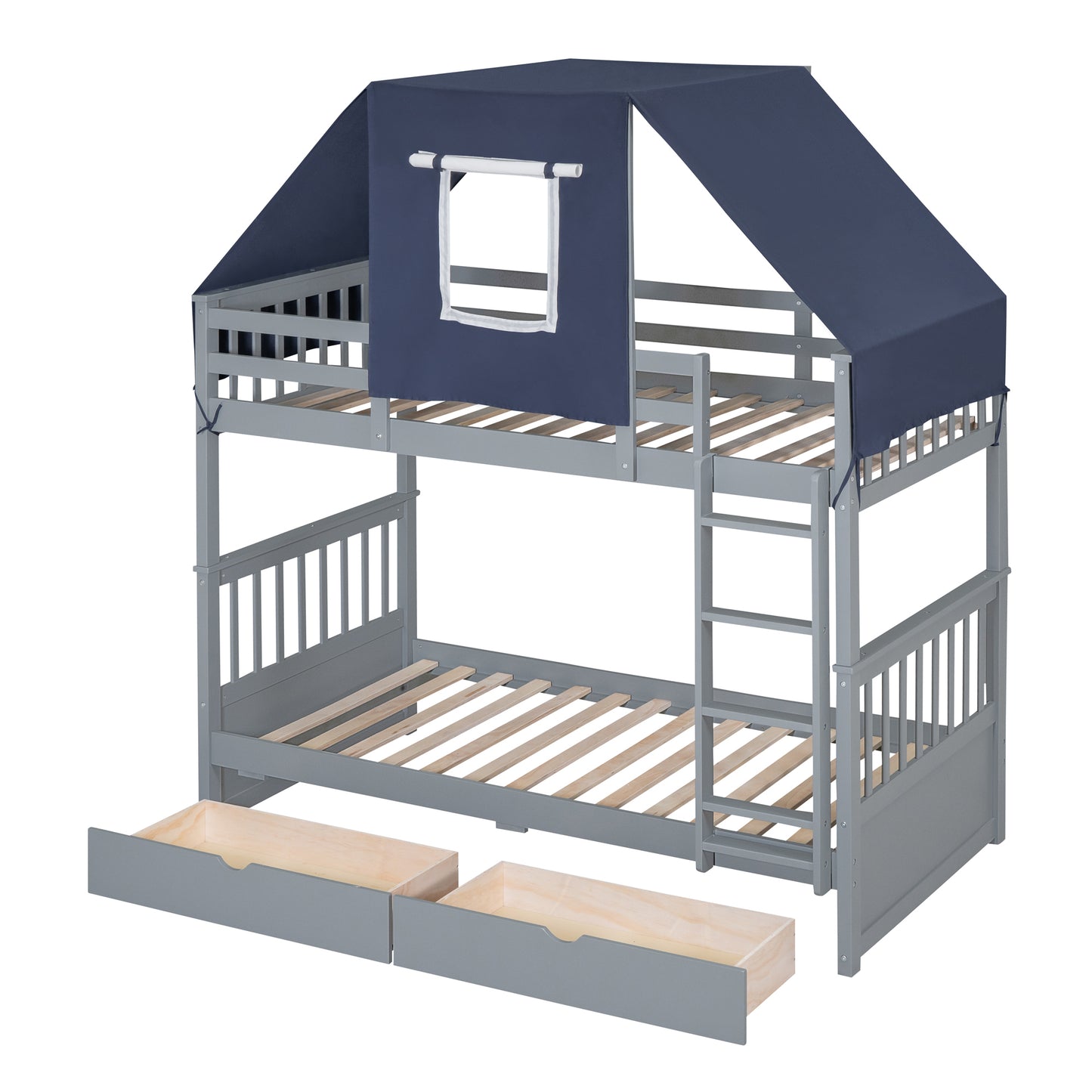 Twin Over Twin Bunk Bed Wood Bed with Tent and Drawers, Gray+Blue Tent