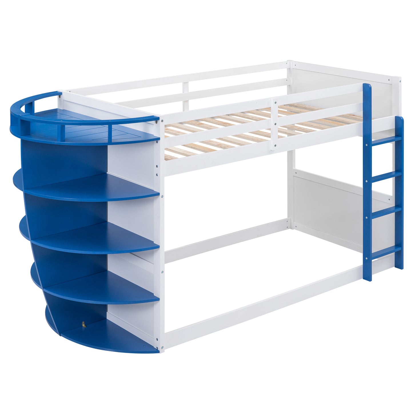 Twin over Twin Boat-Like Shape Bunk Bed with Storage Shelves, White+Blue