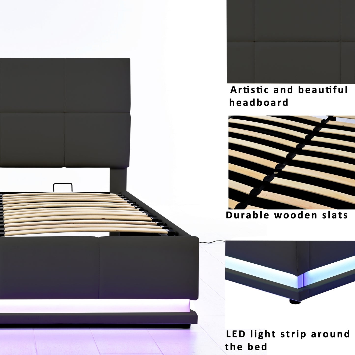 Full Size Tufted Upholstered Platform Bed with Hydraulic Storage System,PU Storage Bed with LED Lights and USB charger, Black