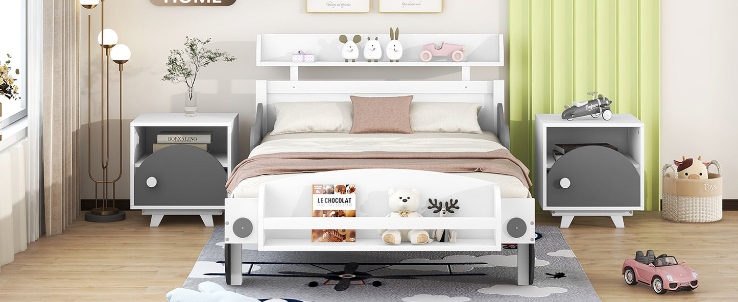 Twin Size Car-Shaped Platform Bed,Twin Bed with Storage Shelf for Bedroom,White