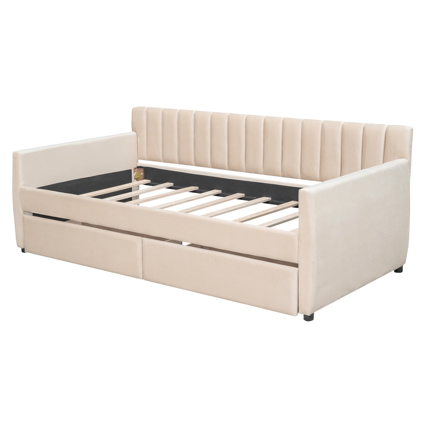Twin Size Upholstered daybed with Drawers, Wood Slat Support, Beige