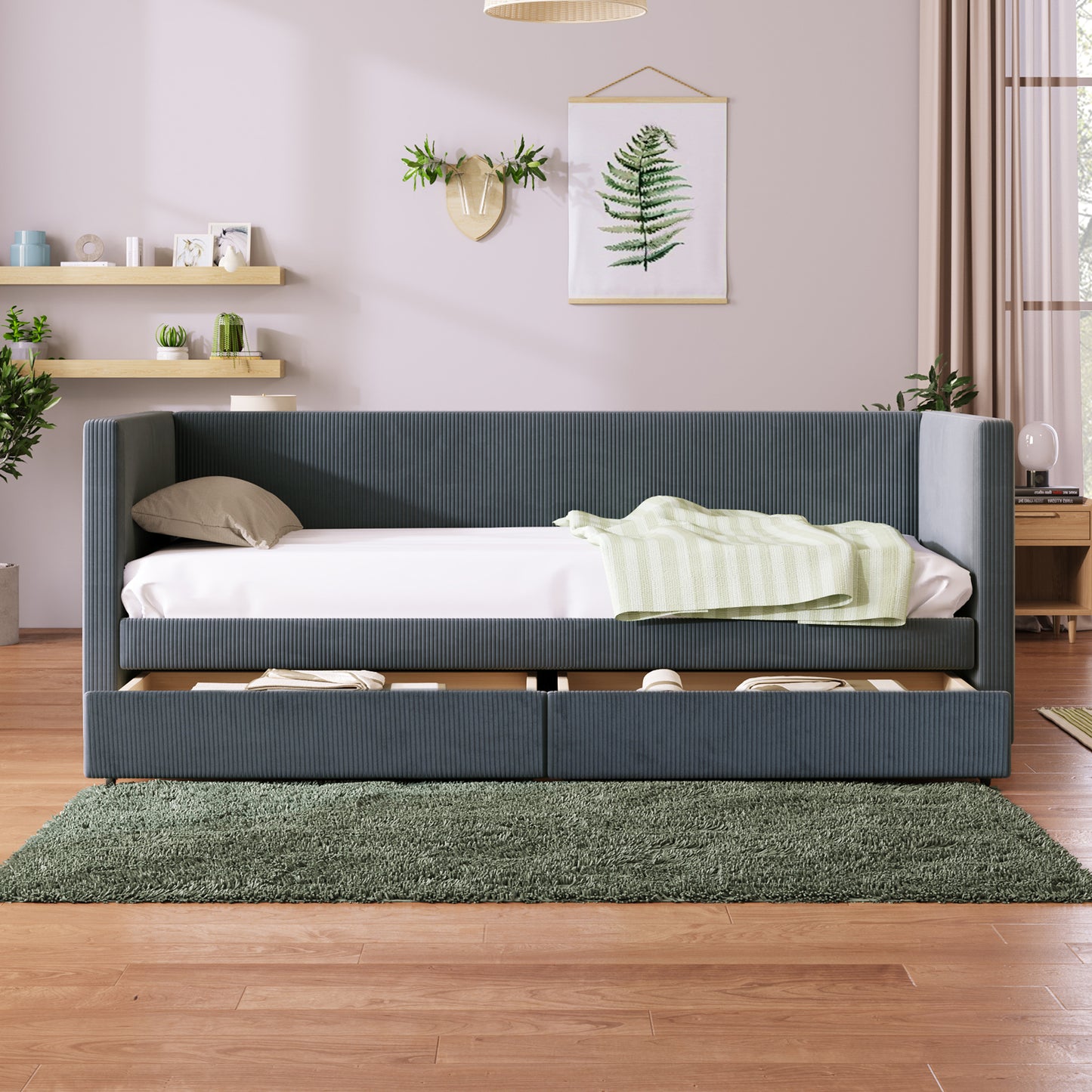 Twin Size Corduroy Daybed with Two Drawers and Wood Slat, Gray