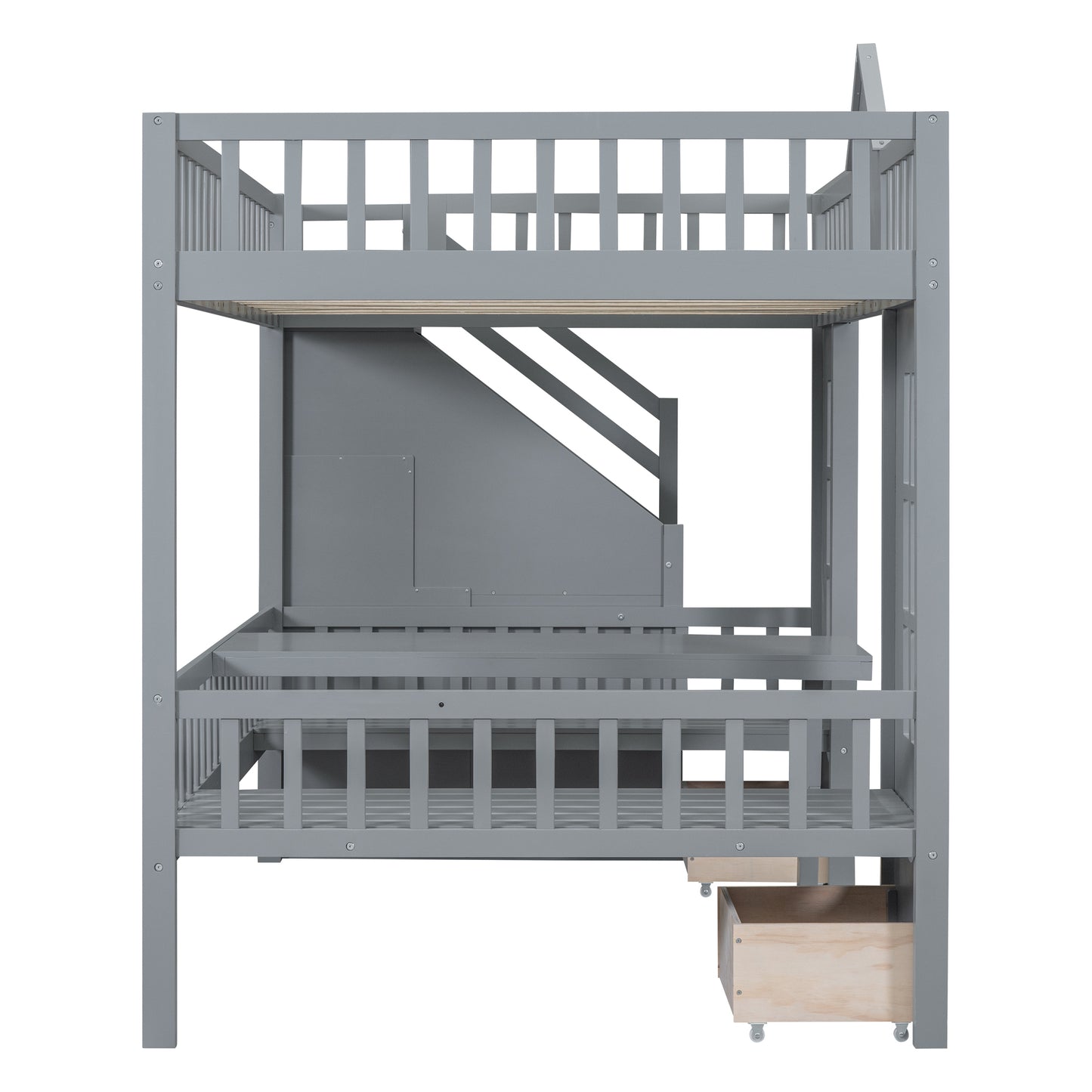 Full-Over-Full Bunk Bed with Changeable Table, Bunk Bed Turn into Upper Bed and Down Desk -Gray