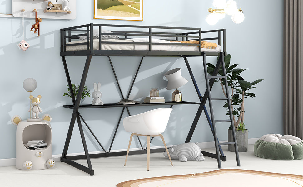 Twin Size Loft Bed with Desk, Ladder and Full-Length Guardrails, X-Shaped Frame, Black