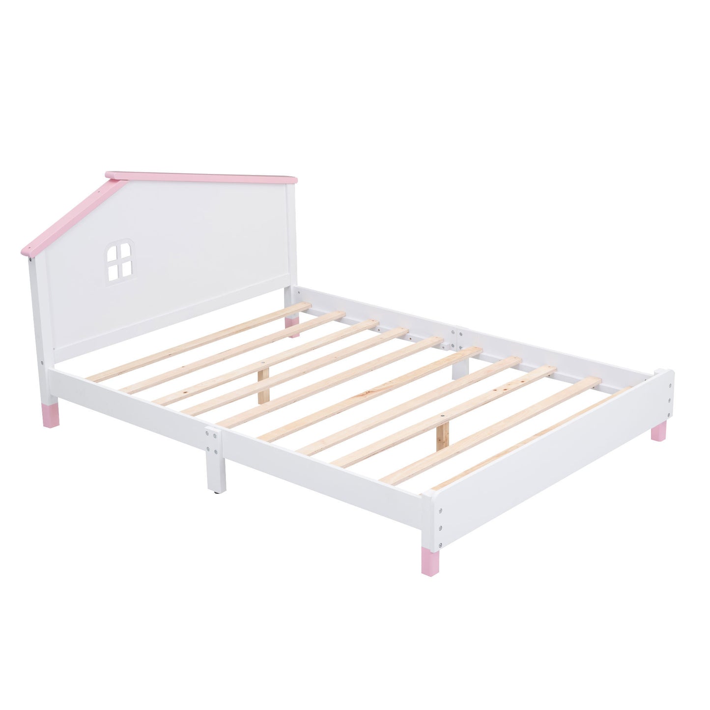 Full Size Wood Platform Bed with House-shaped Headboard  (White+Pink)