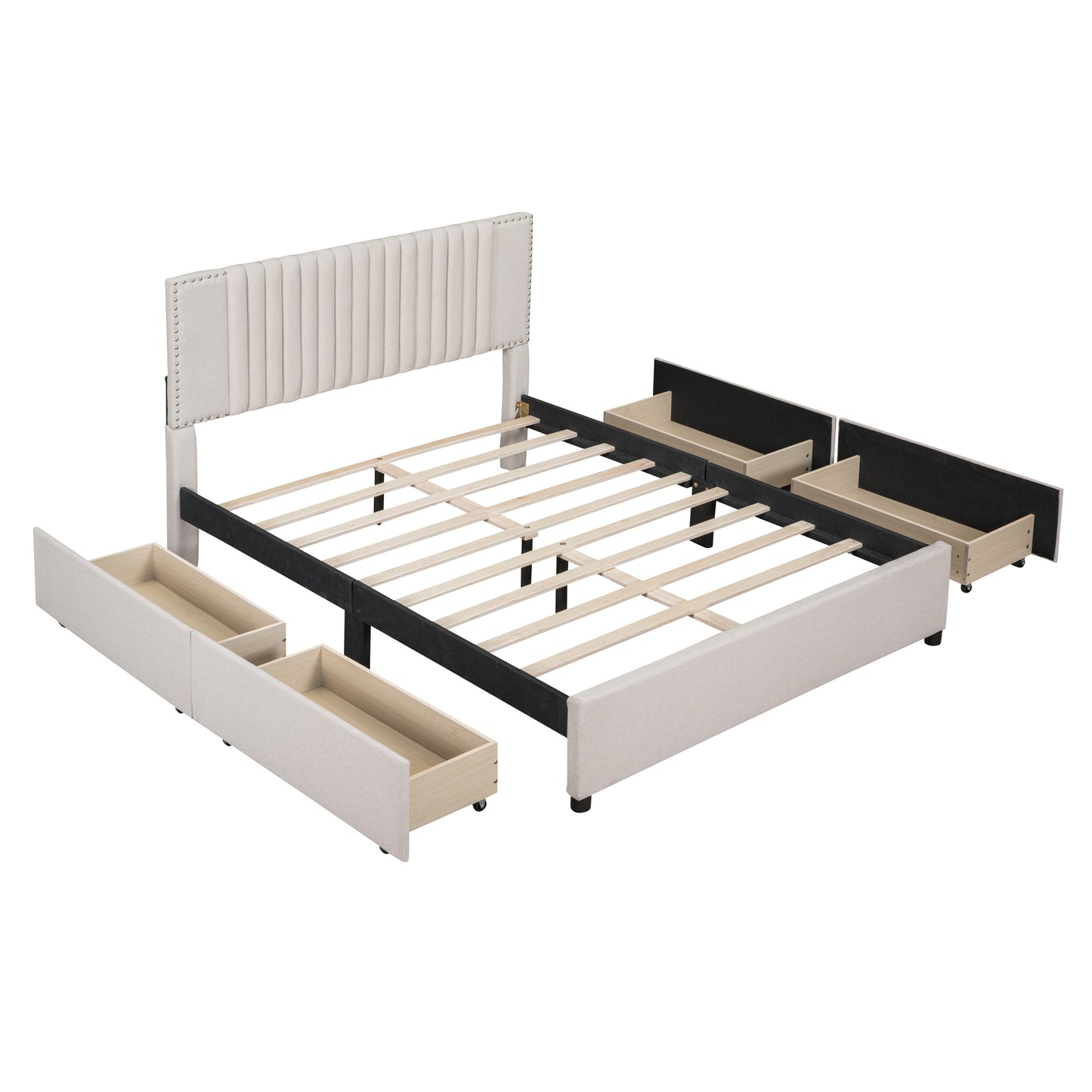 Queen Size Upholstered Platform Bed with Classic Headboard and 4 Drawers, Linen Fabric, Beige