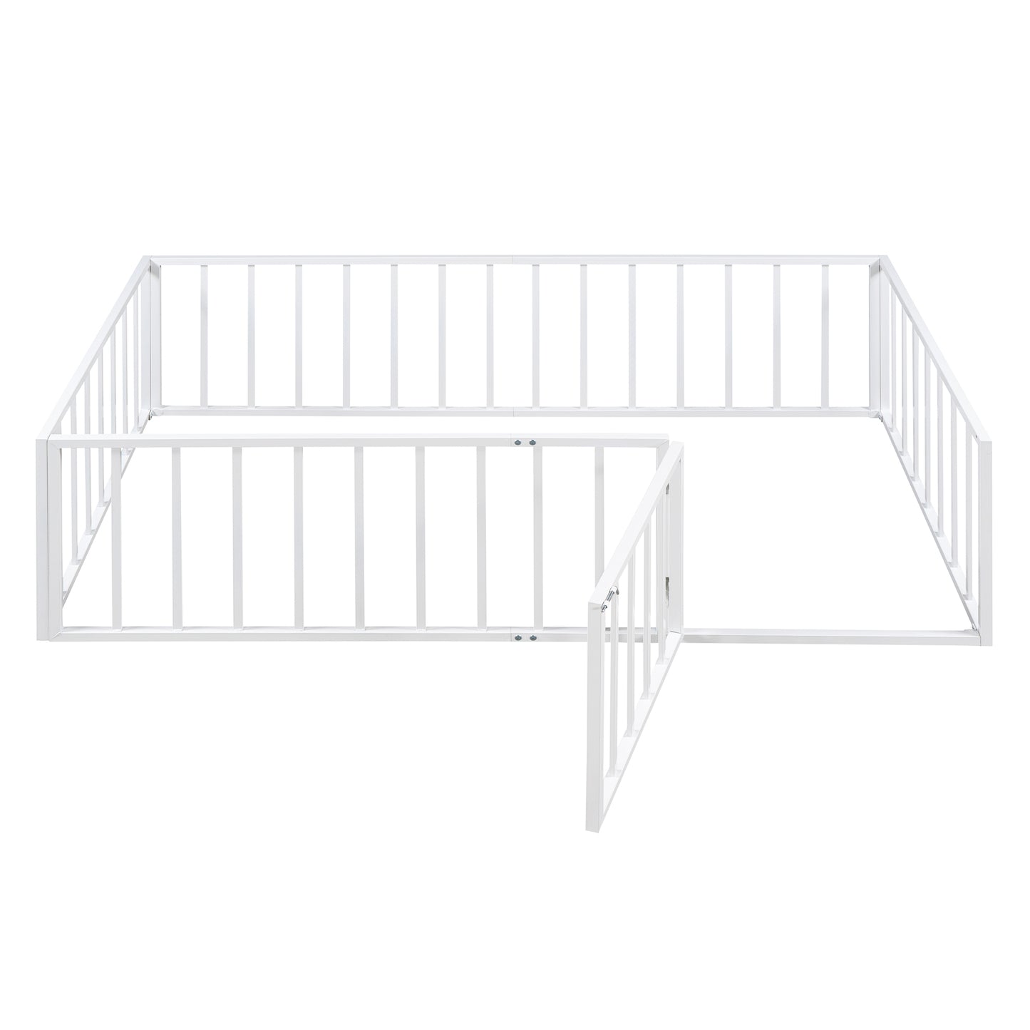 Twin Size Metal Floor Bed Frame with Fence and Door, White