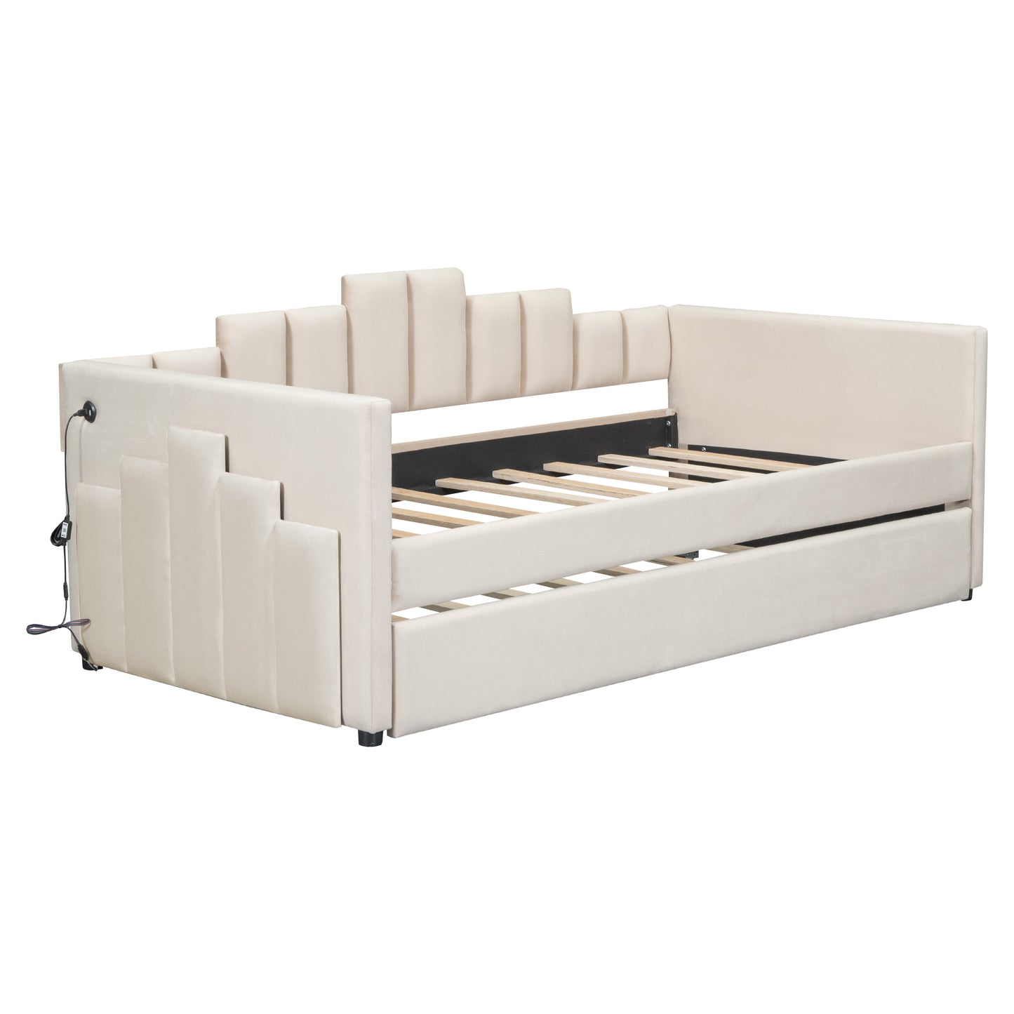 Twin Size Upholstered Daybed with Light and USB Port, Beige