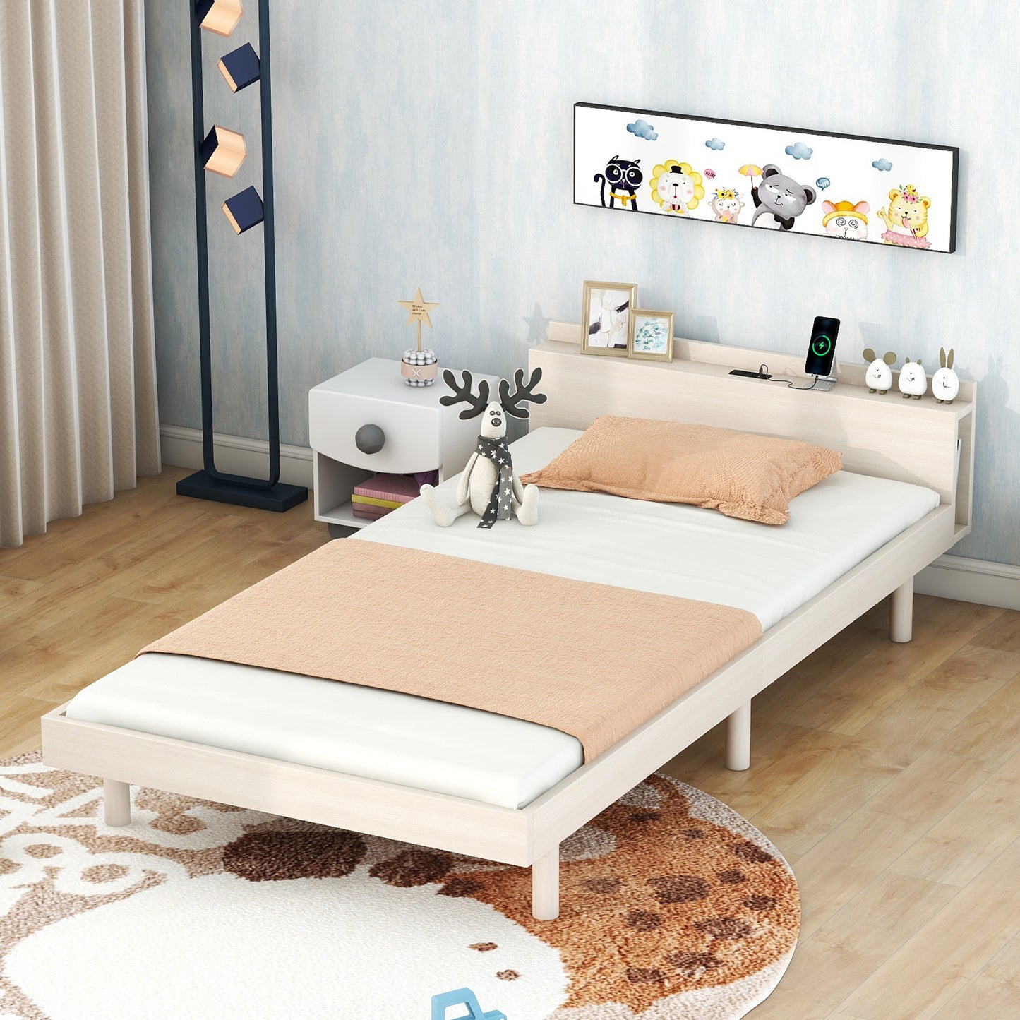 Modern Design Twin Size Platform Bed Frame with USB Ports for White Washed Color