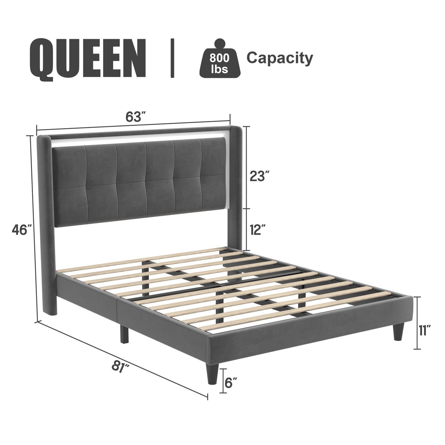 Queen Size Upholstered platform bed frame with headboard and sturdy wooden slats, high load-bearing capacity, non-slip and noiseless, no springs required, easy to assemble, dark gray bed
